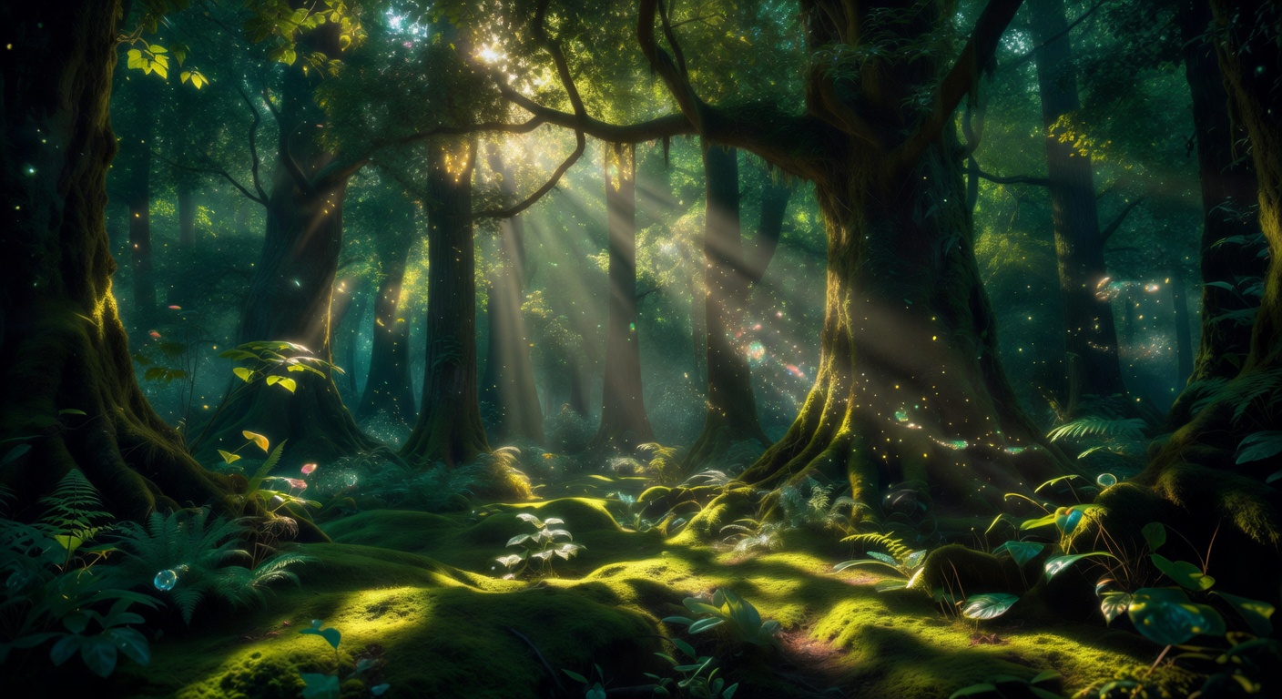 Magical deep forest with lush green moss, tall trees, and glowing sunlight beams piercing through the canopy